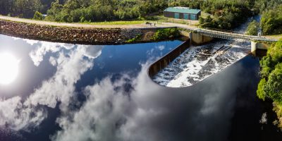 Spillway and dam aerial view